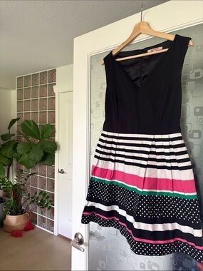 Review Black Bodice Midi Dress with Pink and Green Striped Skirt